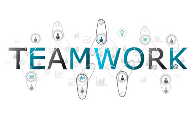 Team work concept illustration with complex gear and people silhouettes with cogs