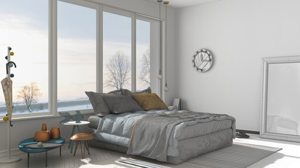 Unfinished project of modern bedroom with big panoramic window, architecture minimalist interior design
