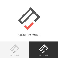 Check payment logo - credit card or wallet and red checkmark or tick symbol. Money transfer, paying and purchase vector icon.