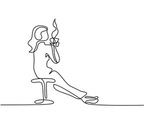 Continuous line drawing. Woman relaxing with cup of tea. Vector illustration.