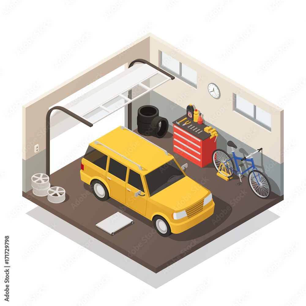 Wall mural car maintenance service isometric interior