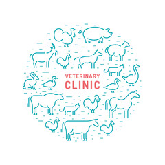 Vector round banner the veterinary clinic with pet pictures and animals living on the farm. Vector animals in a outline style