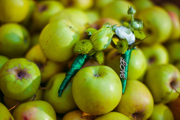 Green boutonniere lies on green apples