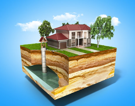 water well system The image depicts an underground aquifer 3d render on blue