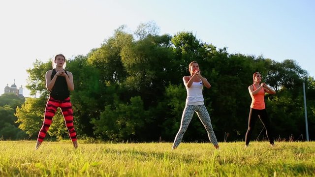 Group with trainer stretching workout on a green grass in the park