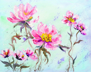 Hand painted modern style Pink peonies flowers. Spring flower seasonal nature background. Oil painting floral texture