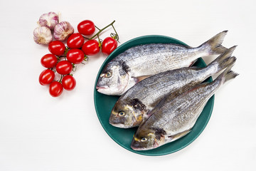 Raw dorado fish on green plate on white table. Top view, copy space