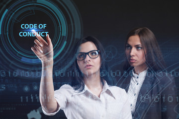 The concept of business, technology, the Internet and the network. A young entrepreneur working on a virtual screen of the future and sees the inscription: Code of conduct
