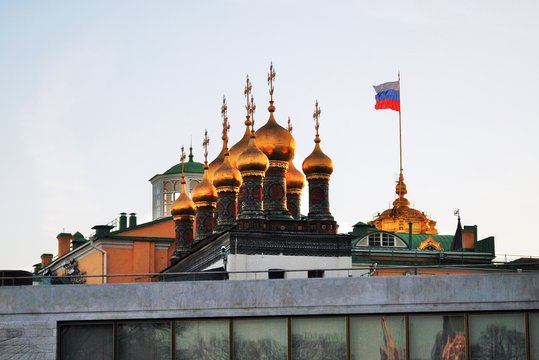 Moscow Kremlin. Terem churches. Blue sky background.
