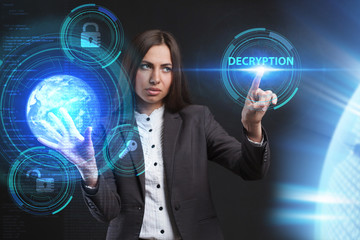 The concept of business, technology, the Internet and the network. A young entrepreneur working on a virtual screen of the future and sees the inscription: Decryption