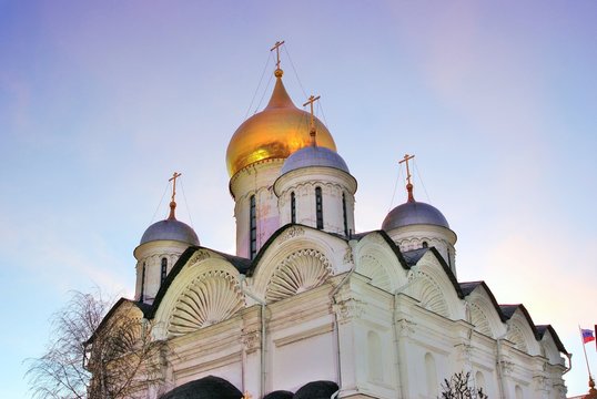 Moscow Kremlin. Archangels church. Blue sky background.