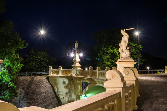 Historic viaduct on the Karowa street at night in Warsaw, Poland