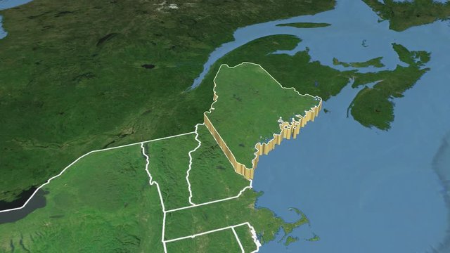 Maine state (USA) extruded on the satellite map of North America