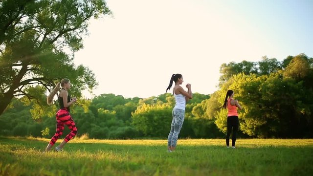 Group with trainer stretching workout on a green grass in the park