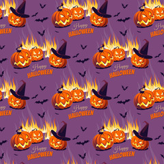 Seamless Halloween Pattern with Pumpkins on Dark Background.
