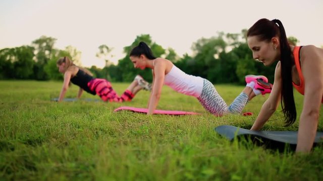 Three women are doing push ups on the grass in the park