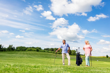 Senior couple enjoying golf game.