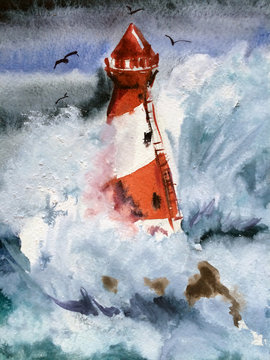 watercolor illustration. lighthouse. storm