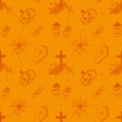Doodle halloween seamless pattern background with pumpkins, coffins,
spiderweb and sweets.
