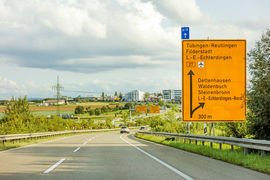 federal highway sign on Bundesstrasse B27, Tubingen / Reutlingen Filderstadt Leinfelden-Echterdingen