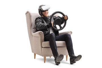 Biker using a VR headset and holding a steering wheel