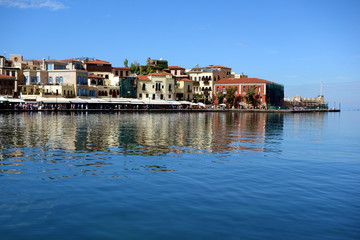 Colorful panoramic image of the beautiful old Venetian Harbour of the city of Chania, Crete, Greece