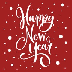 Happy New Year hand-lettering text on red background.