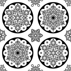 Scandinavian Christmas vector folk pattern - snowflake mandala seamless design, black and white Xmas wallpaper, wrapping paper or textile 
