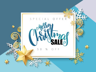 Vector illustration of banner with hand lettering label - merry christmas sale - with stars, sparkles, snowflakes and swirls