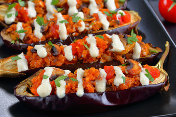 close-up of delicious baked stuffed Eggplants