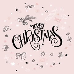 Vector illustration of christmas greeting card with hand lettering label - merry christmas - with doodle decorative elements, sparkles, stars and snowflakes