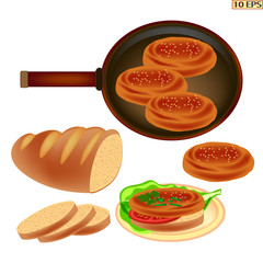 Meat rissole. Fried cutlet in the pan. Steak. Cutlet with bread. Chop. Meatball fried. Meat and bread. American food. Burger with beef steak. Vector illustration.