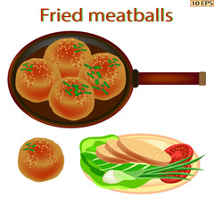Meat rissole. Fried cutlet in the pan. Steak. Cutlet with bread. Chop. Meatball fried. Meat and bread. American food. Burger with beef steak. Vector illustration.