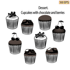 Dessert. Cupcakes with chocolate.Logo cupcakes, pie. Black icon in flat style. Fruit cupcakes with berries.  Vector illustration.