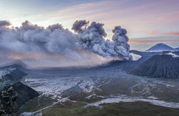 Beautiful sunrise and volcanic eruption of Mt Bromo, Indonesia
