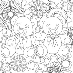 Two cute teddy bears. linear black and white art with floral pattern.