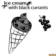 Currant ice cream. Black icon. Sundae drizzled with currant sauce. Classic Ice cream cone. Ice cream in a waffle cone. The ice cream with berries. Currant sundae in waffle cone. Vector illustration.