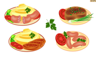 Meat products and potato. Sausage and potato. Steak with mashed potatoes. Cutlets. Meat chop and bread. Burger. Beef steak. Fried meat cutlets. Vector illustration.