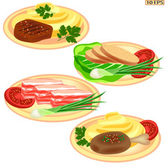 Meat products and potato. Bacon and potato. Steak with mashed potatoes. Cutlets. Meat chop and bread. Burger. Beef steak. Fried meat cutlets. Vector illustration.