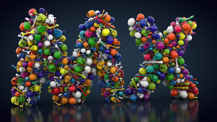 bunte Totenköpfe und Knochen formen Länderkürzel für Mexiko