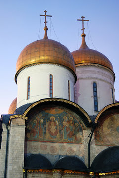 Dormition church of Moscow Kremlin. Blue sky background.