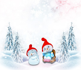 Happy snowman on a winter landscape background.