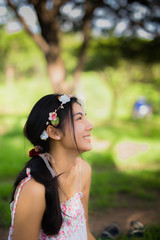 Young asian woman picnic on the meadow