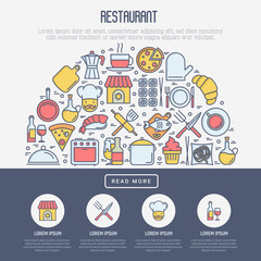 Restaurant concept in half circle with thin line icons: chef, kitchenware, food, beverages for menu or print media. Vector illustration for banner, web page.
