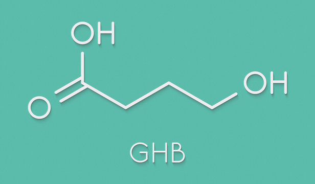 Gamma-hydroxybutyric acid (GHB, oxybate, liquid ecstasy) molecule. Skeletal formula.