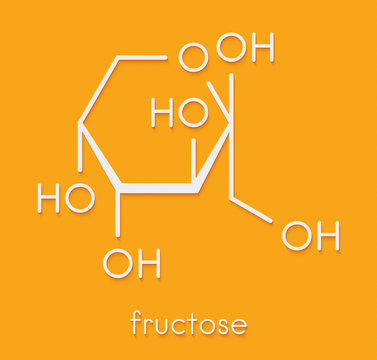 Fructose (D-fructose) fruit sugar molecule. Component of high-fructose corn syrup (HFCS). Skeletal formula.