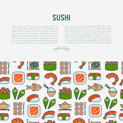 Japanese food concept with thin line icons of sushi, noodles, tea, rolls, shrimp, fish, sake. Vector illustration for banner, web page or print media.