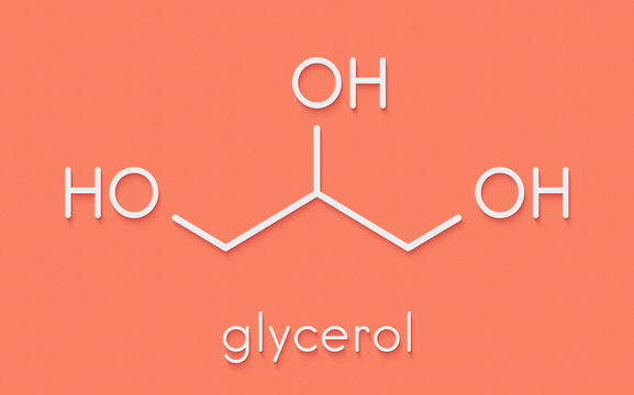 Glycerol (glycerin) molecule. Produced from fat and oil triglycerides. Used as sweetener, solvent and preservative in food and drugs. Skeletal formula.
