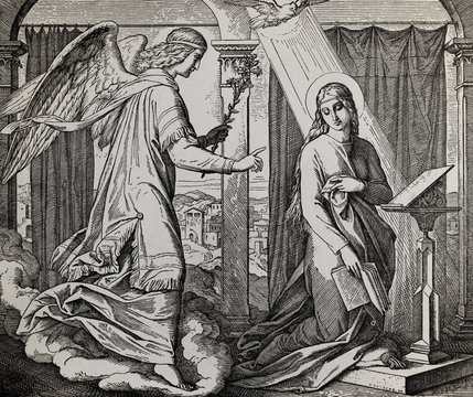 The proclamation of Jesus´birth, archangel Gabriel speaks to virgin Mary, graphic collage from engraving of Nazareene School, published in The Holy Bible, St.Vojtech Publishing, Trnava, Slovakia