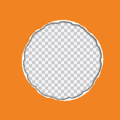 vector realistic illustration of orange torn paper with shadow and circular shaped hole on transparent background